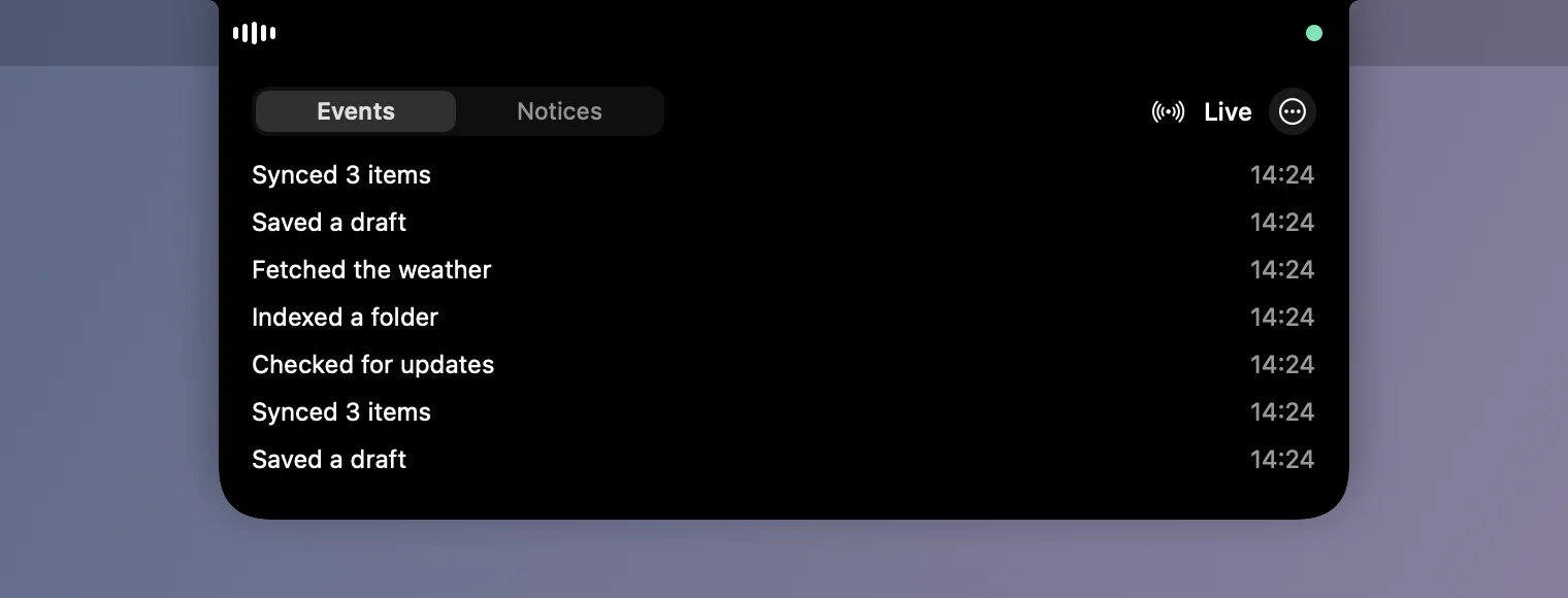 The open pill showing “Live session” and a list of recent events with times, and a menu button.