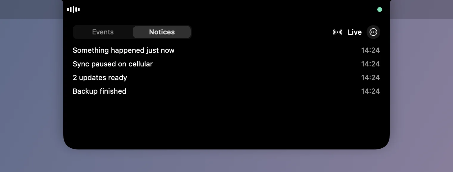 The example app's open pill with Events and Notices tabs, the Notices tab selected, a Live label and a menu button.