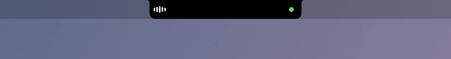The quiet pill: a level meter left of the notch and a green dot right of it.