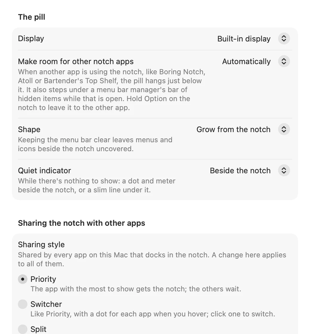 NotchDemo's Settings: the package's rows for display, making room for other notch apps, shape, quiet indicator, and the dock's sharing style.